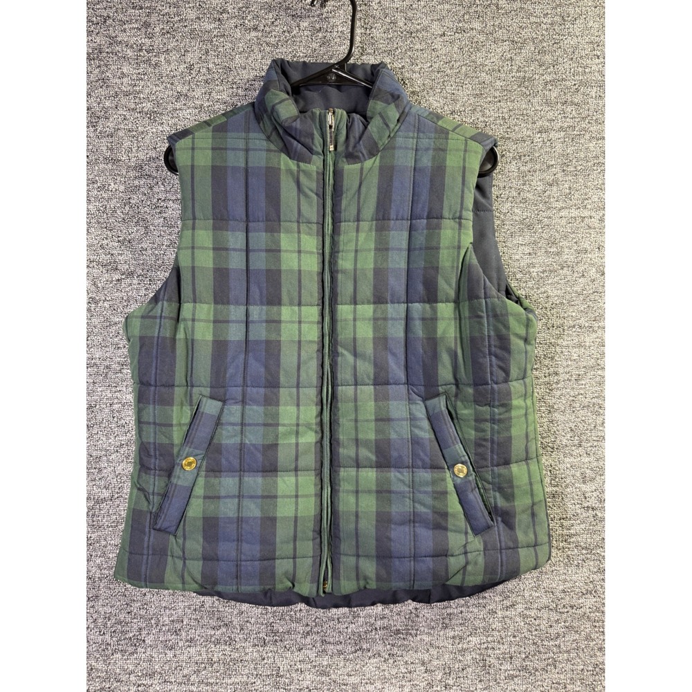 Chaps Reversible Puffer Vest Men Medium Green Navy Blue Plaid Black Watch Tartan